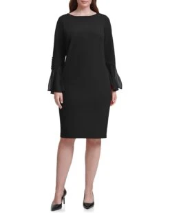 Calvin Klein Plus Size Long Scuba Crepe Sheath With Chiffon Bell Sleeves