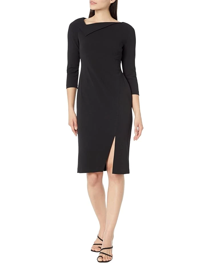 Calvin Klein 3/4 Sleeve Scuba Crepe Sheath Dress With Asymmetrical Neckline & Slit 3 Calvin Klein 3/4 Sleeve Scuba Crepe Sheath Dress With Asymmetrical Neckline & Slit