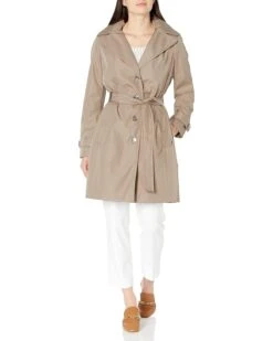 Calvin Klein Women's Single Breasted Belted Rain Jacket With Removable Hood