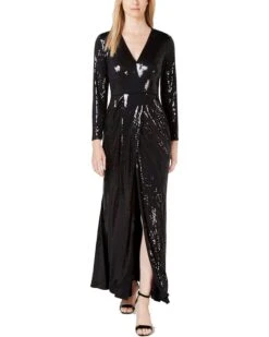 Calvin Klein Women's Long Sleeve Sequin Gown With Cross Front V Neckline