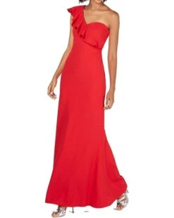 Calvin Klein Women's One Shoulder Ruffle Sleeve Gown