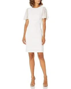 Calvin Klein Women's Petite Button Chiffon Flutter Sleeve Sheath Dress
