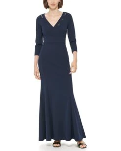 Calvin Klein Long Sleeve Gown With Neckline Slits