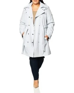 Calvin Klein Women's Double Breasted Belted Rain Jacket With Removable Hood