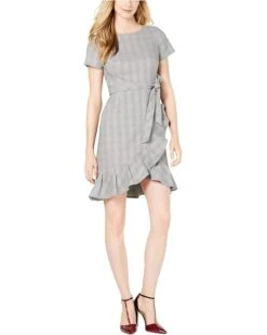 Calvin Klein Women's Petite Short Sleeve Dress With Ruffle Hem And Self Belt