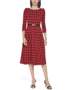Calvin Klein Long Sleeve Scuba Crepe Buffalo Plaid Dress