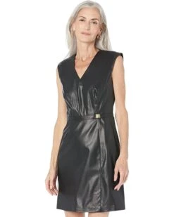 Calvin Klein PU Sheath Dress With Gold Waist Detail