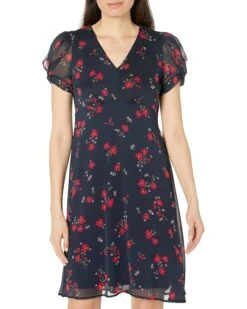 Calvin Klein Chiffon Print Dress With Puff Sleeves