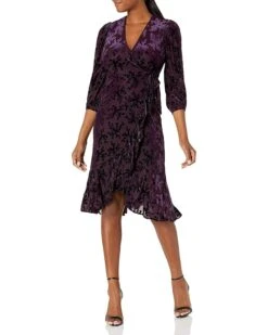 Calvin Klein Women's Three Quarter Sleeve Faux Wrap Dress With Ruffle Hem