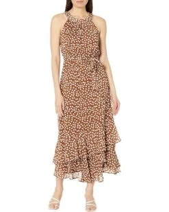 Calvin Klein Chiffon Print Mock Neck Maxi Dress With Tie Belt