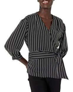 Calvin Klein Women's Stripe 3/4 Sleeve Wrap Top With Belt