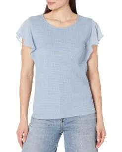 Calvin Klein Smocked Knit With Chiffon Sleeve