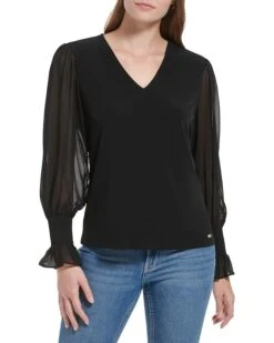 Calvin Klein Long Sleeve V-Neck With Smocked Cuff