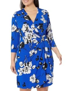 Calvin Klein Plus Size Long Sleeve Matte Jersey Dress With Ruched Detail & Gold Hardware