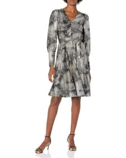 Calvin Klein Women's Wide Sleeve V-Neck Dress With Self Belt