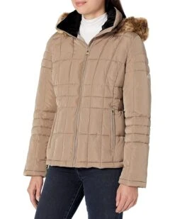 Calvin Klein Women's Quilted Down Jacket With Removable Faux Fur Trimmed Hood