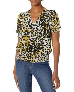 Calvin Klein Women's Printed Short Sleeve V Neck Blouse With Smocking